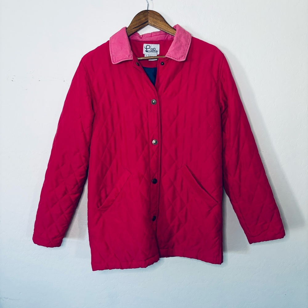 Lilly Pulitzer Pink Quilted Barn Coat Jacket Corduroy Trim Size Small Button Up